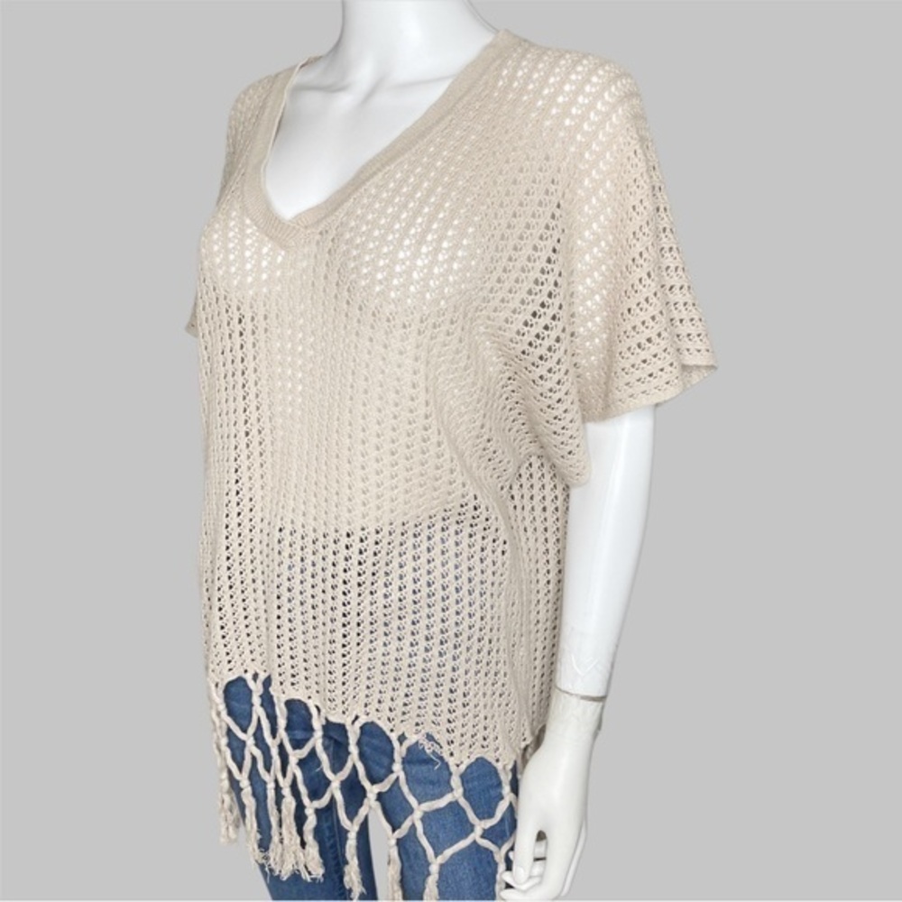 CAbi Beige V-Neck Knitted‎ Open Weave Beach Coverup With Fringe Detail - Picture 3 of 4